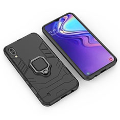 Silikon Hülle Handyhülle und Kunststoff Schutzhülle Hartschalen Tasche mit Magnetisch Fingerring Ständer für Samsung Galaxy M10 Schwarz