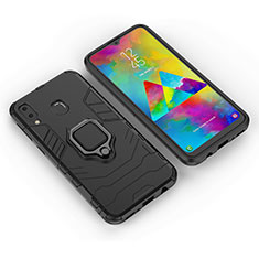 Silikon Hülle Handyhülle und Kunststoff Schutzhülle Hartschalen Tasche mit Magnetisch Fingerring Ständer für Samsung Galaxy M20 Schwarz