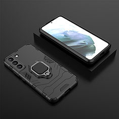 Silikon Hülle Handyhülle und Kunststoff Schutzhülle Hartschalen Tasche mit Magnetisch Fingerring Ständer für Samsung Galaxy S21 5G Schwarz