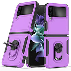 Silikon Hülle Handyhülle und Kunststoff Schutzhülle Hartschalen Tasche mit Magnetisch Fingerring Ständer für Samsung Galaxy Z Flip4 5G Violett