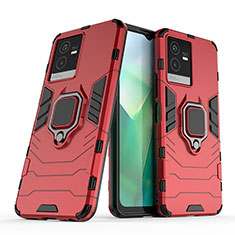 Silikon Hülle Handyhülle und Kunststoff Schutzhülle Hartschalen Tasche mit Magnetisch Fingerring Ständer für Vivo iQOO Z6x Rot