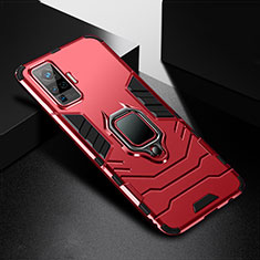 Silikon Hülle Handyhülle und Kunststoff Schutzhülle Hartschalen Tasche mit Magnetisch Fingerring Ständer für Vivo X50 Pro 5G Rot
