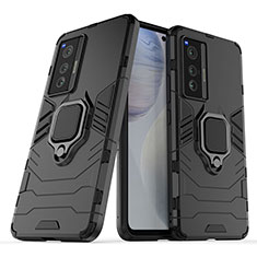 Silikon Hülle Handyhülle und Kunststoff Schutzhülle Hartschalen Tasche mit Magnetisch Fingerring Ständer für Vivo X70 5G Schwarz