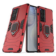 Silikon Hülle Handyhülle und Kunststoff Schutzhülle Hartschalen Tasche mit Magnetisch Fingerring Ständer für Vivo X70 Pro 5G Rot