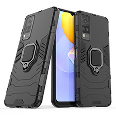 Silikon Hülle Handyhülle und Kunststoff Schutzhülle Hartschalen Tasche mit Magnetisch Fingerring Ständer für Vivo Y31 (2021) Schwarz