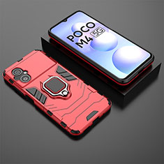 Silikon Hülle Handyhülle und Kunststoff Schutzhülle Hartschalen Tasche mit Magnetisch Fingerring Ständer für Xiaomi Poco M4 5G Rot