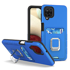 Silikon Hülle Handyhülle und Kunststoff Schutzhülle Hartschalen Tasche mit Magnetisch Fingerring Ständer J01S für Samsung Galaxy A12 5G Blau