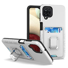 Silikon Hülle Handyhülle und Kunststoff Schutzhülle Hartschalen Tasche mit Magnetisch Fingerring Ständer J01S für Samsung Galaxy A12 5G Silber