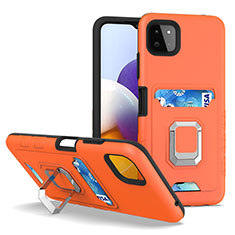 Silikon Hülle Handyhülle und Kunststoff Schutzhülle Hartschalen Tasche mit Magnetisch Fingerring Ständer J01S für Samsung Galaxy A22 5G Orange