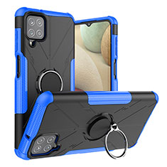 Silikon Hülle Handyhülle und Kunststoff Schutzhülle Hartschalen Tasche mit Magnetisch Fingerring Ständer J01X für Samsung Galaxy A12 Nacho Blau