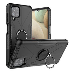 Silikon Hülle Handyhülle und Kunststoff Schutzhülle Hartschalen Tasche mit Magnetisch Fingerring Ständer J01X für Samsung Galaxy A12 Nacho Schwarz
