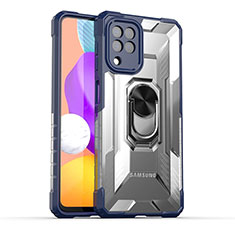 Silikon Hülle Handyhülle und Kunststoff Schutzhülle Hartschalen Tasche mit Magnetisch Fingerring Ständer J02S für Samsung Galaxy M22 4G Blau