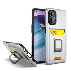 Silikon Hülle Handyhülle und Kunststoff Schutzhülle Hartschalen Tasche mit Magnetisch Fingerring Ständer J03S für Oppo A96 5G Silber