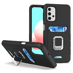 Silikon Hülle Handyhülle und Kunststoff Schutzhülle Hartschalen Tasche mit Magnetisch Fingerring Ständer J03S für Samsung Galaxy A32 5G Schwarz