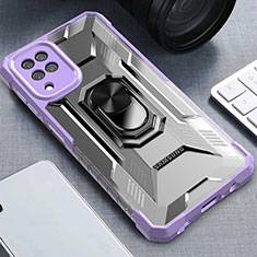 Silikon Hülle Handyhülle und Kunststoff Schutzhülle Hartschalen Tasche mit Magnetisch Fingerring Ständer J03S für Samsung Galaxy F12 Violett
