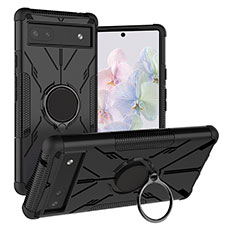 Silikon Hülle Handyhülle und Kunststoff Schutzhülle Hartschalen Tasche mit Magnetisch Fingerring Ständer JX1 für Google Pixel 6a 5G Schwarz