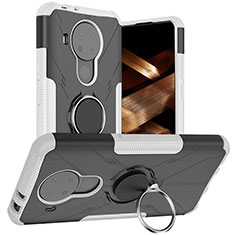 Silikon Hülle Handyhülle und Kunststoff Schutzhülle Hartschalen Tasche mit Magnetisch Fingerring Ständer JX1 für Nokia 5.4 Silber