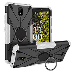 Silikon Hülle Handyhülle und Kunststoff Schutzhülle Hartschalen Tasche mit Magnetisch Fingerring Ständer JX1 für Nokia C100 Silber