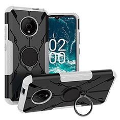 Silikon Hülle Handyhülle und Kunststoff Schutzhülle Hartschalen Tasche mit Magnetisch Fingerring Ständer JX1 für Nokia C200 Silber