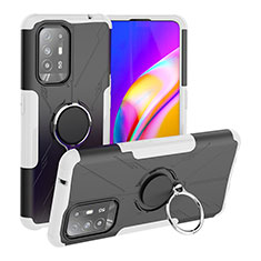 Silikon Hülle Handyhülle und Kunststoff Schutzhülle Hartschalen Tasche mit Magnetisch Fingerring Ständer JX1 für Oppo A95 5G Weiß