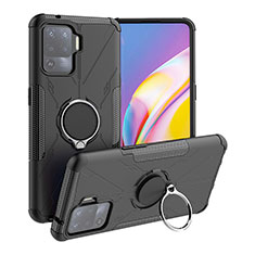 Silikon Hülle Handyhülle und Kunststoff Schutzhülle Hartschalen Tasche mit Magnetisch Fingerring Ständer JX1 für Oppo Reno5 F Schwarz