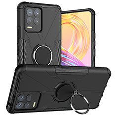 Silikon Hülle Handyhülle und Kunststoff Schutzhülle Hartschalen Tasche mit Magnetisch Fingerring Ständer JX1 für Realme 8 4G Schwarz