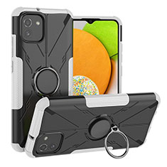 Silikon Hülle Handyhülle und Kunststoff Schutzhülle Hartschalen Tasche mit Magnetisch Fingerring Ständer JX1 für Samsung Galaxy A03 Silber