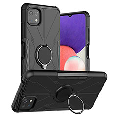 Silikon Hülle Handyhülle und Kunststoff Schutzhülle Hartschalen Tasche mit Magnetisch Fingerring Ständer JX1 für Samsung Galaxy A22s 5G Schwarz