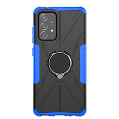Silikon Hülle Handyhülle und Kunststoff Schutzhülle Hartschalen Tasche mit Magnetisch Fingerring Ständer JX1 für Samsung Galaxy A52 4G Blau