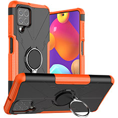 Silikon Hülle Handyhülle und Kunststoff Schutzhülle Hartschalen Tasche mit Magnetisch Fingerring Ständer JX1 für Samsung Galaxy F62 5G Orange