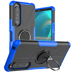 Silikon Hülle Handyhülle und Kunststoff Schutzhülle Hartschalen Tasche mit Magnetisch Fingerring Ständer JX1 für Sony Xperia 5 III Blau