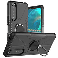 Silikon Hülle Handyhülle und Kunststoff Schutzhülle Hartschalen Tasche mit Magnetisch Fingerring Ständer JX1 für Sony Xperia 5 III Schwarz