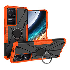 Silikon Hülle Handyhülle und Kunststoff Schutzhülle Hartschalen Tasche mit Magnetisch Fingerring Ständer JX1 für Xiaomi Poco F4 5G Orange