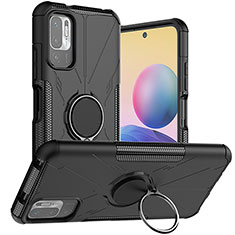 Silikon Hülle Handyhülle und Kunststoff Schutzhülle Hartschalen Tasche mit Magnetisch Fingerring Ständer JX1 für Xiaomi POCO M3 Pro 5G Schwarz