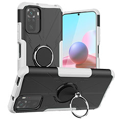 Silikon Hülle Handyhülle und Kunststoff Schutzhülle Hartschalen Tasche mit Magnetisch Fingerring Ständer JX1 für Xiaomi Poco M5S Silber