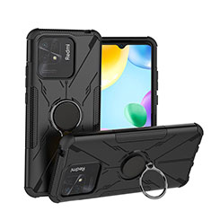 Silikon Hülle Handyhülle und Kunststoff Schutzhülle Hartschalen Tasche mit Magnetisch Fingerring Ständer JX1 für Xiaomi Redmi 10 India Schwarz