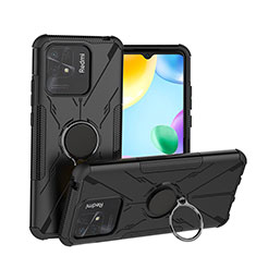 Silikon Hülle Handyhülle und Kunststoff Schutzhülle Hartschalen Tasche mit Magnetisch Fingerring Ständer JX1 für Xiaomi Redmi 10C 4G Schwarz