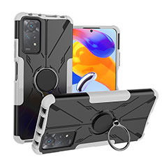 Silikon Hülle Handyhülle und Kunststoff Schutzhülle Hartschalen Tasche mit Magnetisch Fingerring Ständer JX1 für Xiaomi Redmi Note 11 Pro 5G Silber