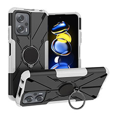 Silikon Hülle Handyhülle und Kunststoff Schutzhülle Hartschalen Tasche mit Magnetisch Fingerring Ständer JX1 für Xiaomi Redmi Note 11T Pro+ Plus 5G Silber