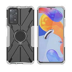 Silikon Hülle Handyhülle und Kunststoff Schutzhülle Hartschalen Tasche mit Magnetisch Fingerring Ständer JX2 für Xiaomi Redmi Note 11 Pro 5G Silber