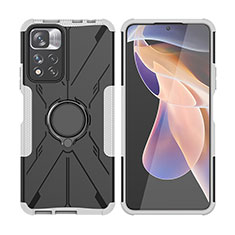 Silikon Hülle Handyhülle und Kunststoff Schutzhülle Hartschalen Tasche mit Magnetisch Fingerring Ständer JX2 für Xiaomi Redmi Note 11 Pro+ Plus 5G Silber