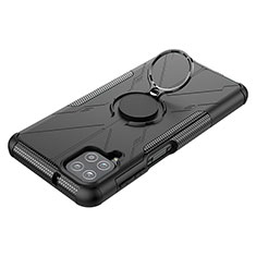 Silikon Hülle Handyhülle und Kunststoff Schutzhülle Hartschalen Tasche mit Magnetisch Fingerring Ständer JX3 für Samsung Galaxy F12 Schwarz