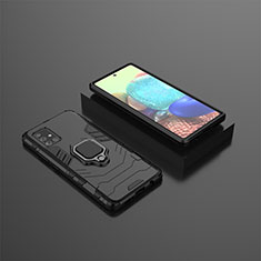 Silikon Hülle Handyhülle und Kunststoff Schutzhülle Hartschalen Tasche mit Magnetisch Fingerring Ständer KC1 für Samsung Galaxy A71 4G A715 Schwarz