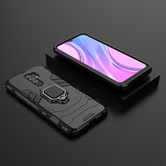 Silikon Hülle Handyhülle und Kunststoff Schutzhülle Hartschalen Tasche mit Magnetisch Fingerring Ständer KC1 für Xiaomi Redmi 9 Schwarz