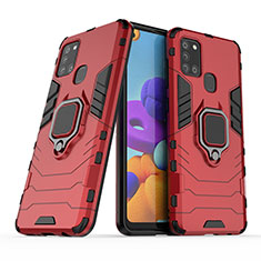 Silikon Hülle Handyhülle und Kunststoff Schutzhülle Hartschalen Tasche mit Magnetisch Fingerring Ständer KC2 für Samsung Galaxy A21s Rot