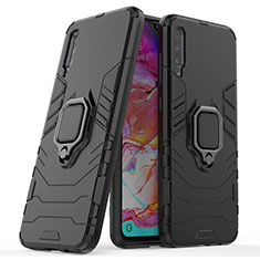 Silikon Hülle Handyhülle und Kunststoff Schutzhülle Hartschalen Tasche mit Magnetisch Fingerring Ständer KC2 für Samsung Galaxy A70 Schwarz