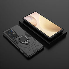 Silikon Hülle Handyhülle und Kunststoff Schutzhülle Hartschalen Tasche mit Magnetisch Fingerring Ständer KC2 für Vivo X70 Pro+ Plus 5G Schwarz
