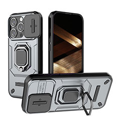 Silikon Hülle Handyhülle und Kunststoff Schutzhülle Hartschalen Tasche mit Magnetisch Fingerring Ständer KC3 für Apple iPhone 13 Pro Grau