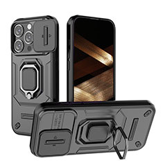 Silikon Hülle Handyhülle und Kunststoff Schutzhülle Hartschalen Tasche mit Magnetisch Fingerring Ständer KC3 für Apple iPhone 13 Pro Schwarz