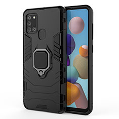 Silikon Hülle Handyhülle und Kunststoff Schutzhülle Hartschalen Tasche mit Magnetisch Fingerring Ständer KC3 für Samsung Galaxy A21s Schwarz